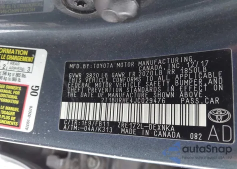 2018 Toyota Corolla Le из США, поврежденный, VIN 2T1BURHE4JC029476